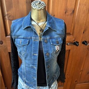 Upcycled jean jacket with see through sleeves